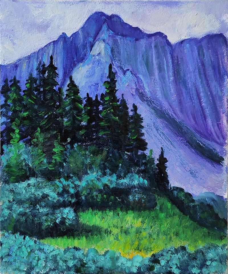 カナダの山の谷のアートワーク 湖の油絵 SElenaV によるファインアート 湖の壁アート。 山の谷の芸術。 自然の絵画。 カナダの壁アート - ウォールデコ・壁紙 - その他の素材 パープル