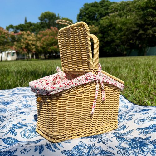 ドイツ輸入籐製ピクニックバスケット 蓋付き - クリーム色 (子供用