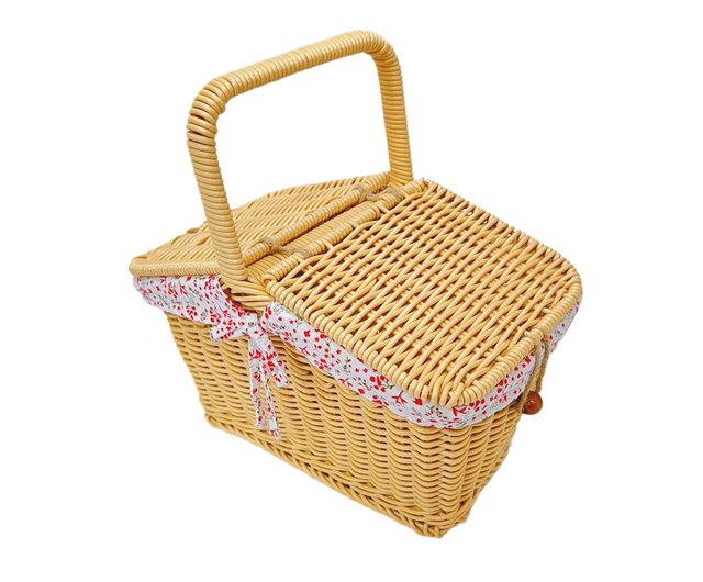 ドイツ輸入籐製ピクニックバスケット 蓋付き - クリーム色 (子供用