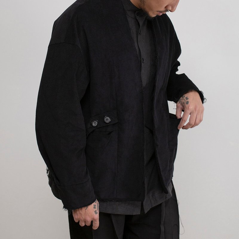 日系復古燈芯絨做舊毛邊中國風漢服領外套短夾克 - 男夾克/外套 - 棉．麻 黑色