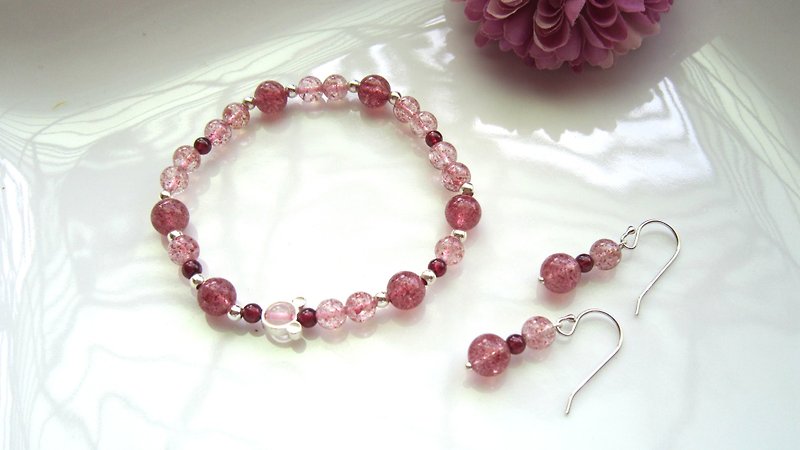 [I Love] Strawberry Crystal x Pomegranate x Powder Crystal x 925 Silver - Bracelet & Earrings - Bracelets - Crystal Red