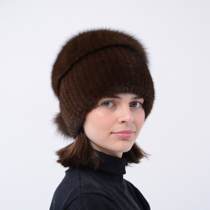 Fur Hat Women Winter Mink Hat Fur Pom Pom Hat Warm Real Fur Hat Knit Fur Hats - Hats & Caps - Wool Multicolor