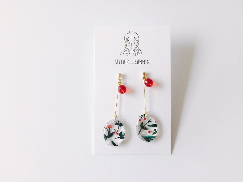 Mistletoe and Holly Series - Kissing hand-made hand-made earrings under the mistletoe - Earrings & Clip-ons - Other Materials Red