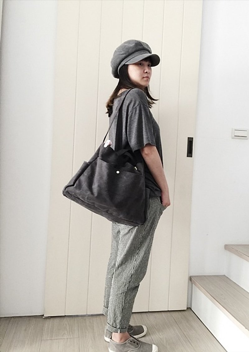 hairmo ripple canvas portable side back mom bag / multi-function side backpack (gray black) - Diaper Bags - Cotton & Hemp Gray