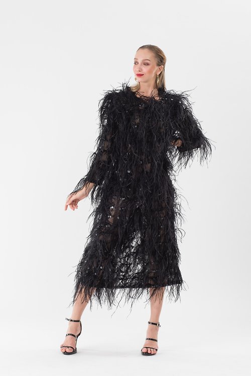 sginstar Claire black trim ostrich feather dress for women