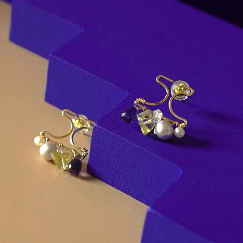 serene studio 工字型檸檬晶灰珍珠堇青石耳環 美產14K注金