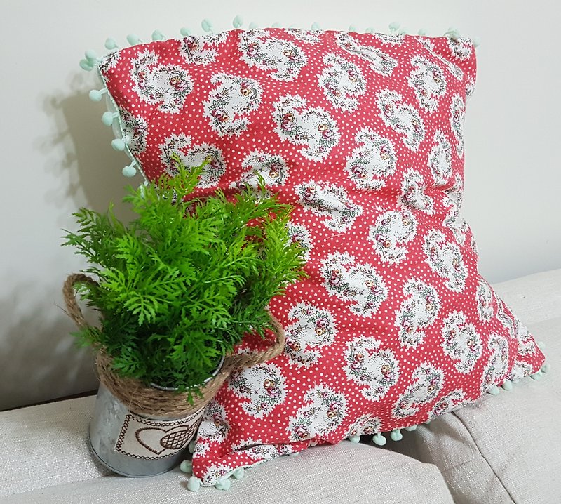 Nordic classic pastoral style retro red flower pattern, shallow lake water green small fur ball pillow pillow - Pillows & Cushions - Cotton & Hemp Red