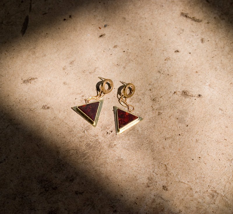 Trilogy-Loop & Triangle Stone Earrings-Post-Clip on-Contact designer bef. Order - ต่างหู - เครื่องเพชรพลอย สีแดง