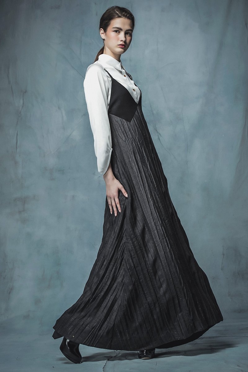 Off-season sale fine-shoulder wool black and gray long dress - One Piece Dresses - Wool Black