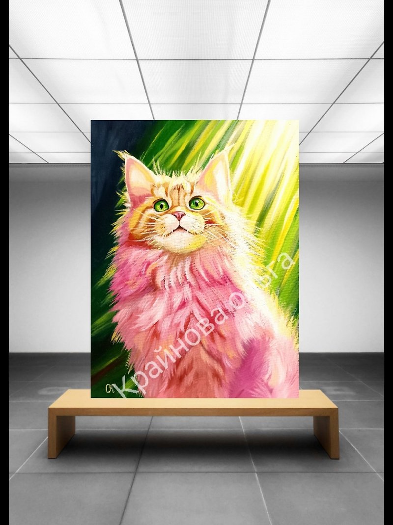 Fluffy Cat Oil Painting Animals Pets Original Art Animal Painting on Canvas - ตกแต่งผนัง - วัสดุอื่นๆ หลากหลายสี