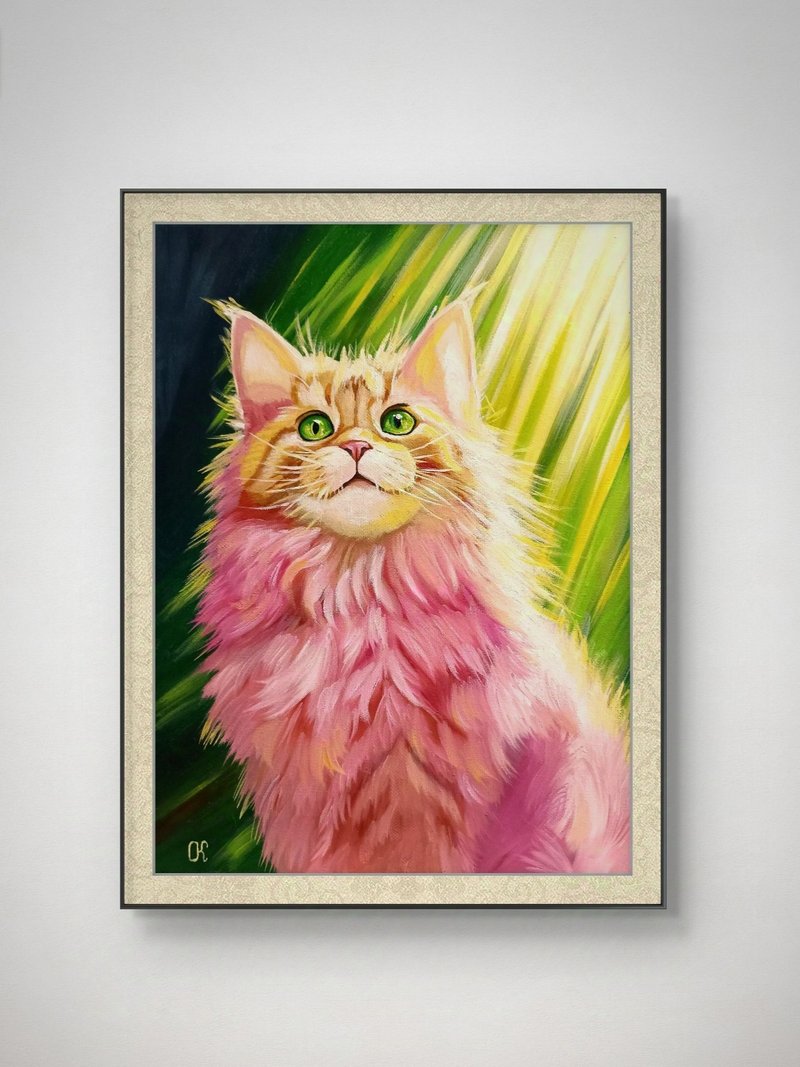 Cat Original Oil Painting Funny Pet Portrait Kitten Wall Art 手工油畫, Animals - ตกแต่งผนัง - วัสดุอื่นๆ หลากหลายสี