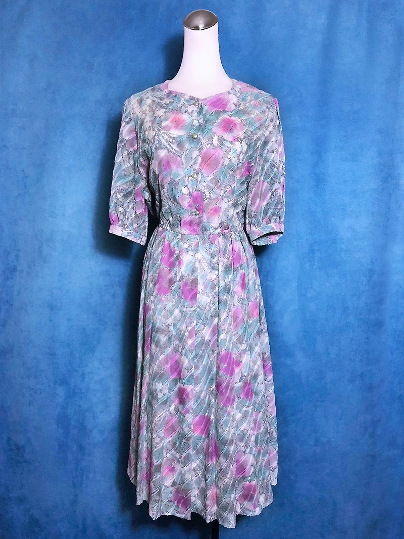 暈染花朵織紋輕古董洋裝/ 國外帶回 VINTAGE - 洋裝/連身裙 - 聚酯纖維 粉紅色