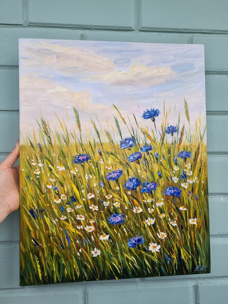 Flowers artwork original oil painting cornflower impasto wall art - 壁貼/牆壁裝飾 - 棉．麻 綠色