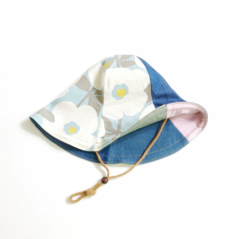 小牛村 手工雙面遮陽帽 大帽簷 棉麻【特長帽簷-柔花薄荷綠】 - 帽子 - 棉．麻 藍色