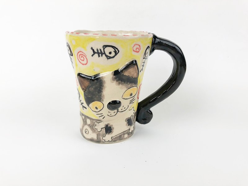 Nice Little Clay Hand Bell Cup Flower Cat 011-442 - Mugs - Pottery Yellow