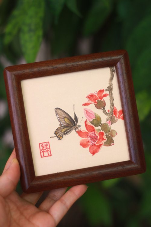 MINIMstudio 木棉花沒骨作品集 | 英雄花手繪原作 | 4寸國風擺臺 | 實木畫框