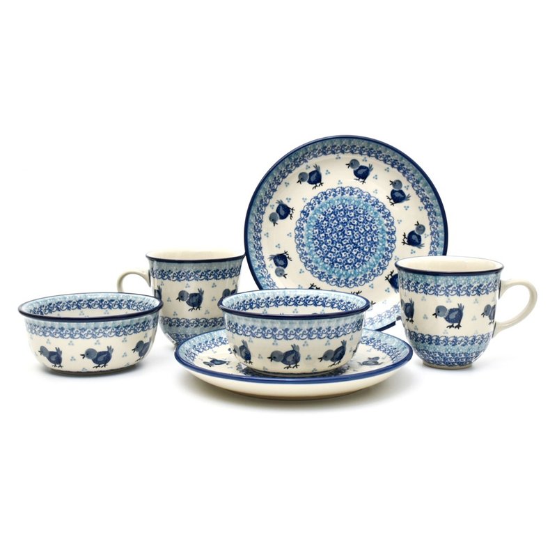 Polish handmade pottery double mug set of 6 pieces - จานและถาด - ดินเผา 