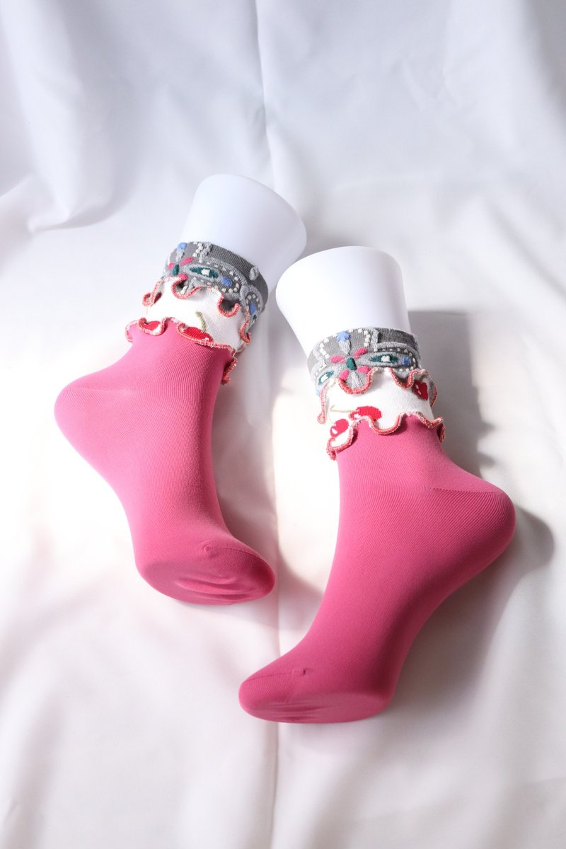 Pink x Gray Cherry Colorful Mellow Socks Flashy Socks Unique 22.5-25 Women's Socks - ถุงเท้า - วัสดุอื่นๆ สึชมพู