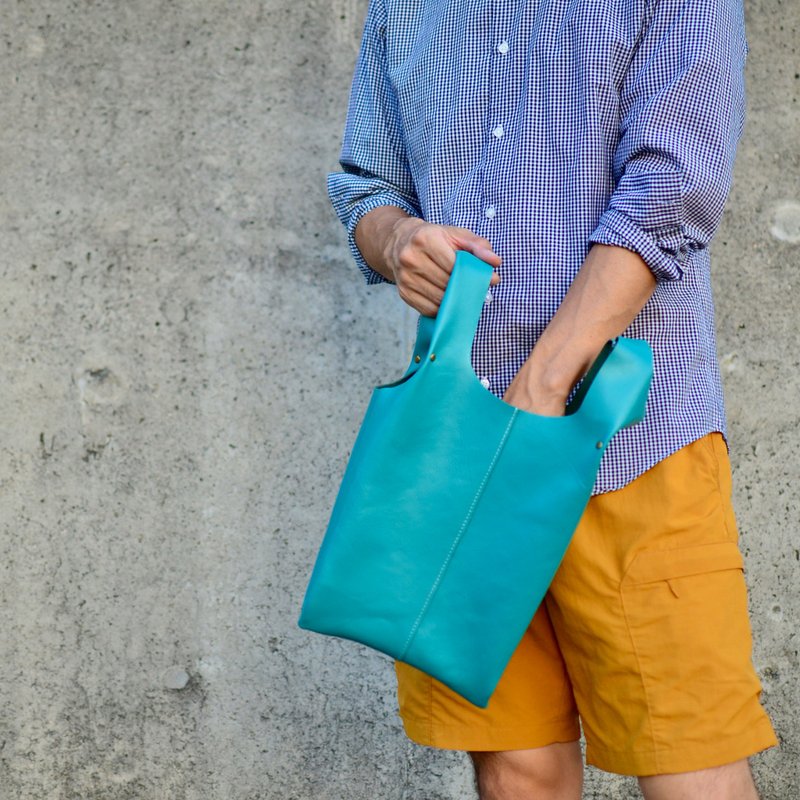 Teal shopping bag trend leather bag M size genuine leather - กระเป๋าถือ - หนังแท้ สีเขียว