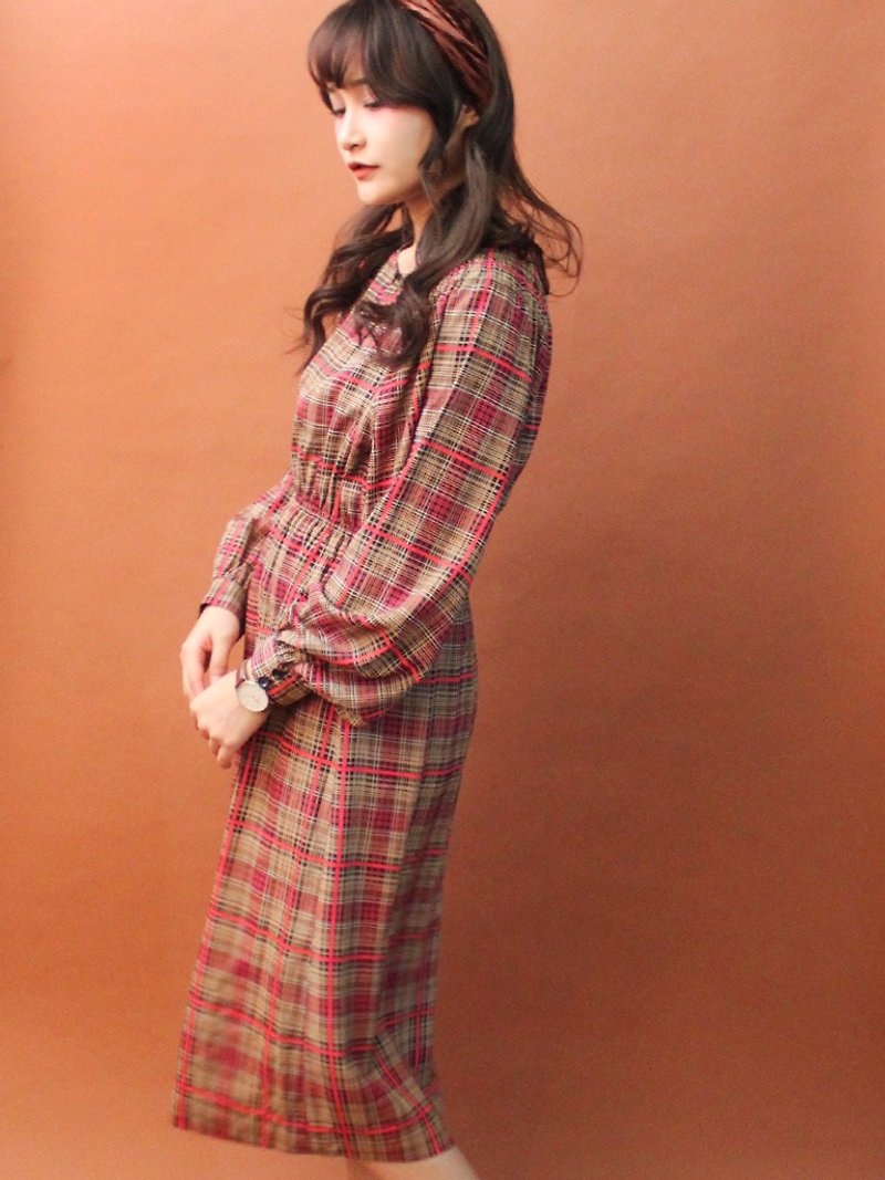 Vintage Autumn and Winter Japanese Black Red Brown Plaid Plaid Long Sleeve Vintage Dress Vintage Dress - One Piece Dresses - Polyester Red