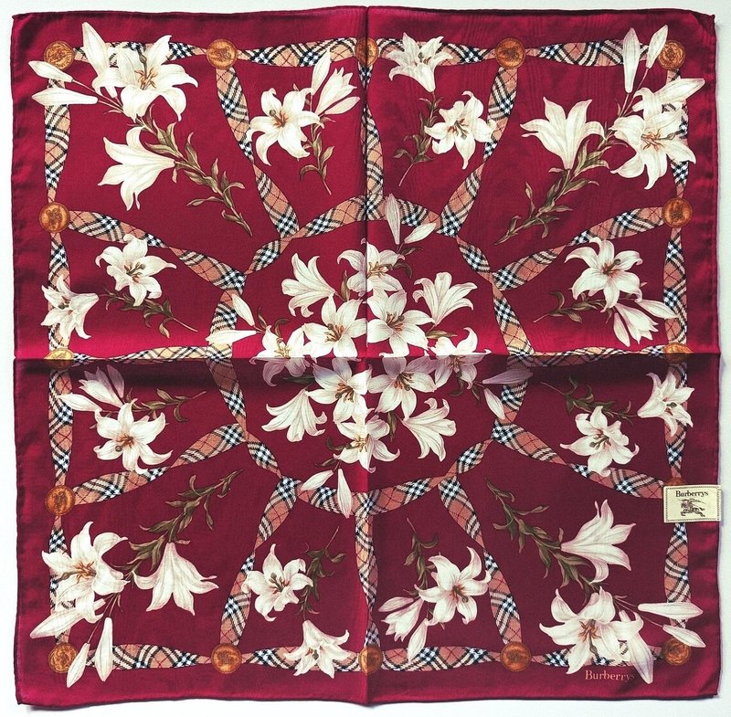 Burberry Vintage Handkerchief Floral Lilies with Circular Frame 21 x 21 inches - 手帕 - 棉．麻 紅色