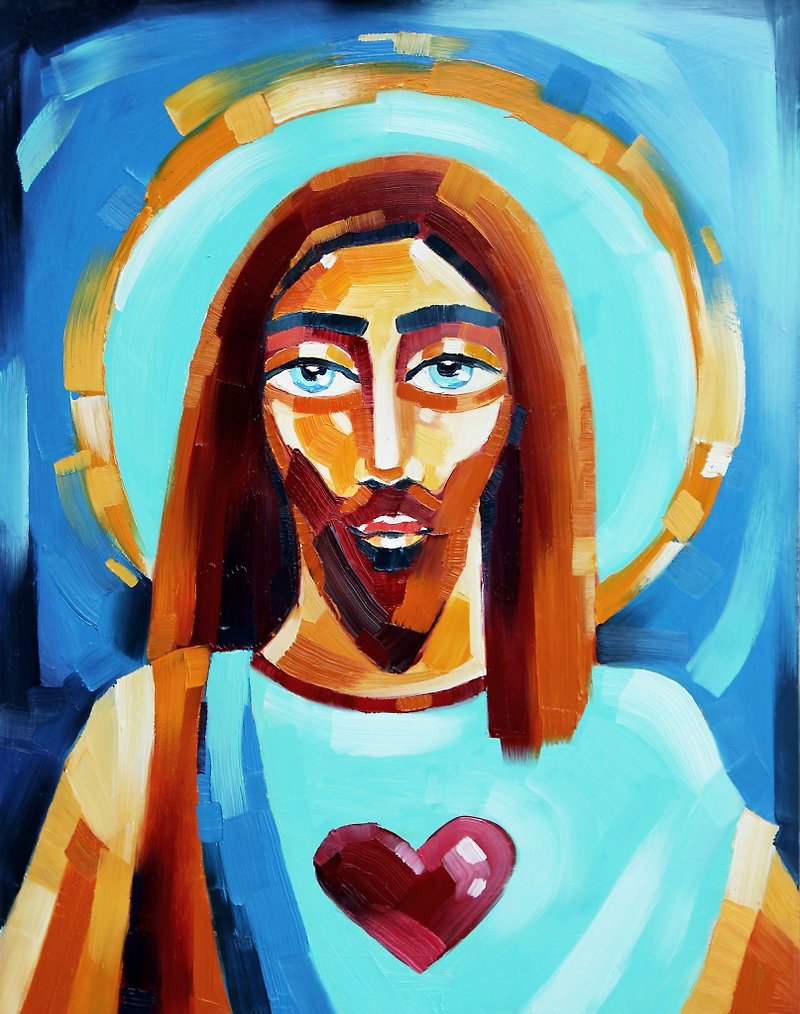 Jesus Painting Catholic Original Art Christian Wall Art Oil 28by36cm - Posters - Other Materials Blue