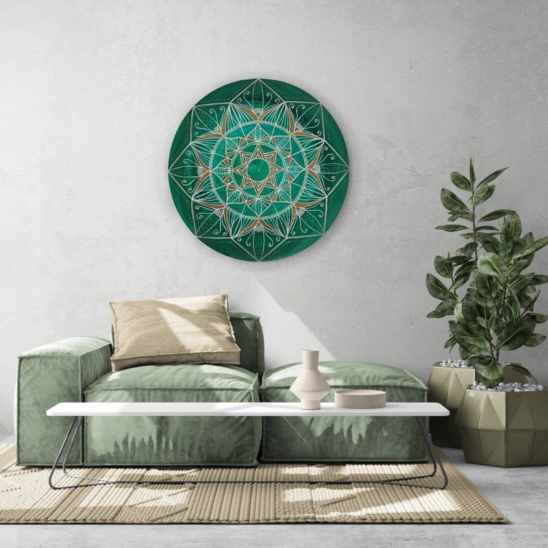 Green flower mandala painting, Minimalist wall decor, Sacred geometry wall art - ตกแต่งผนัง - อะคริลิค สีเขียว