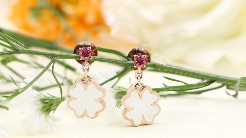 4 Leaf Clover Earrings set with Pink Tourmaline 14K/ 18K Solid Gold - Earrings & Clip-ons - Rose Gold Gold
