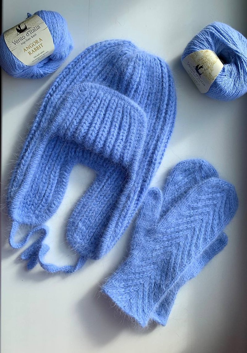 Wool Hats & Caps Blue - Warm hand-knitted Earflaps Hat & Mittens Set, Winter angora Hat and Mittens