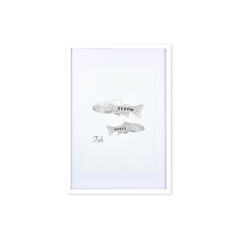 裝飾畫相框 動物幾何線條 魚 白色框 63x43cm 室內設計 布置 擺設 - 相框/畫框 - 木頭 白色