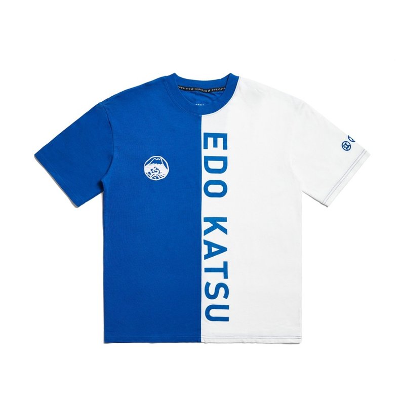 Edo Katsu Japanese Contrast Color Classic Print Short Sleeve T-Shirt - Men (Blue) #Top - เสื้อยืดผู้ชาย - ผ้าฝ้าย/ผ้าลินิน สีน้ำเงิน