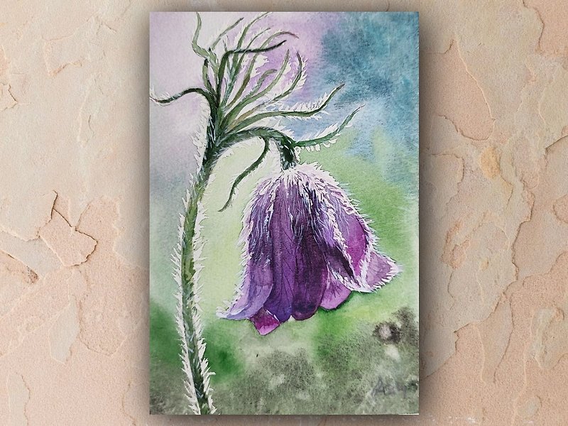 Spring Flower painting original watercolor art floral artwork 19.5 by 13.5 cm - Posters - Paper Purple