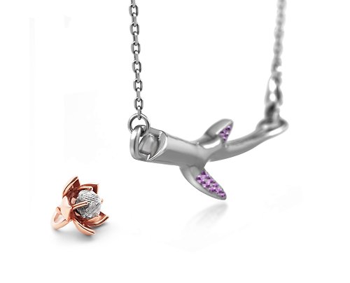 Majade Jewelry Design 花吹雪 紫水晶荆棘樹枝+閃靈鑽櫻花二合一項鍊組合 純銀花刺吊墜