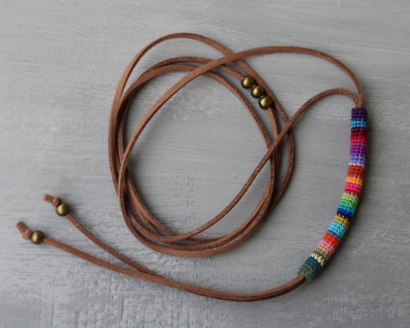 Brown Suede Bolo Choker Necklace with colorful crochet slide tube - Necklaces - Thread Multicolor