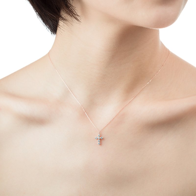Classic Cross Diamond Thin Necklace - สร้อยคอ - โรสโกลด์ สึชมพู