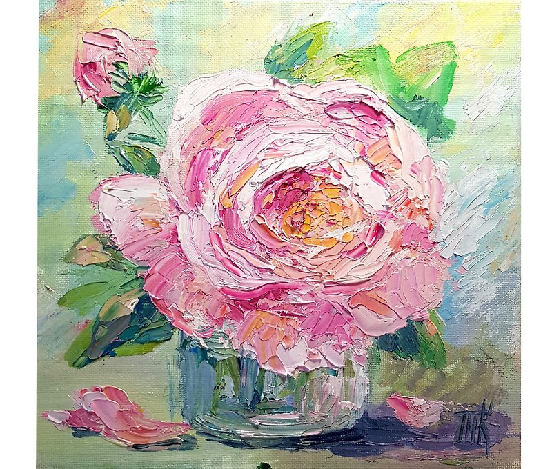 Rose Painting Flower Original Art Floral Oil Canvas Painting  Impasto Wall Art - 掛牆畫/海報 - 其他材質 粉紅色