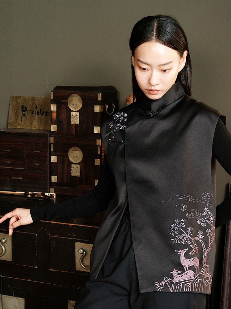松鹿/中國風復古唐裝 馬甲外套 - 女上衣/長袖上衣 - 聚酯纖維 黑色