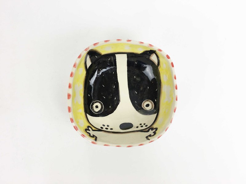 Nice Little Clay handmade painted small dish _ cute dog 0304-12 - จานเล็ก - ดินเผา สีเหลือง