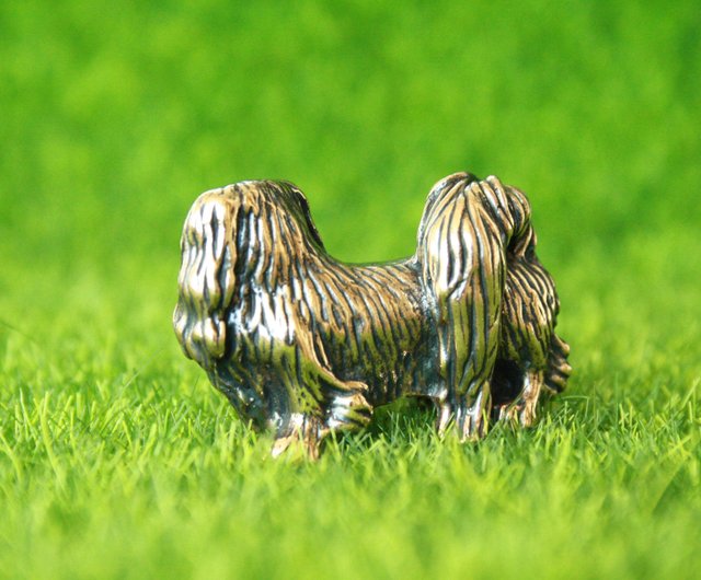 狆、ペキニーズ犬-ブロンズのミニチュア像、金属製の置物