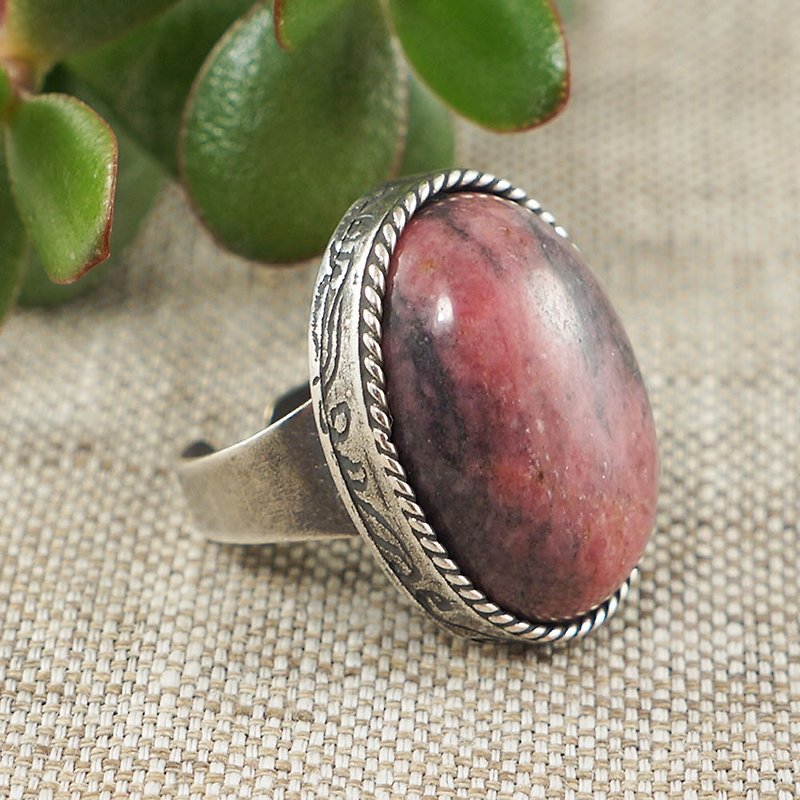 Rhodonite Adjustable Ring Pink Stone Large Oval Silver Statement Jewelry Ring - แหวนทั่วไป - เครื่องประดับพลอย สึชมพู