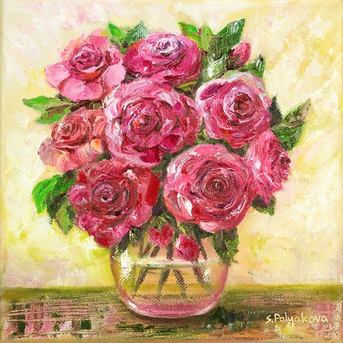 Polyakova Art Rose Painting Flower Oil Painting on Canvas Square Red Rose Floral Original Art