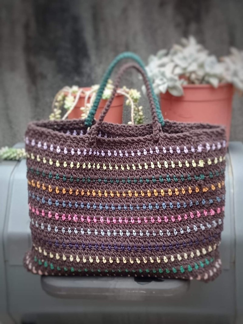 Woven bag coffee colorful tote bag - กระเป๋าถือ - ผ้าฝ้าย/ผ้าลินิน 