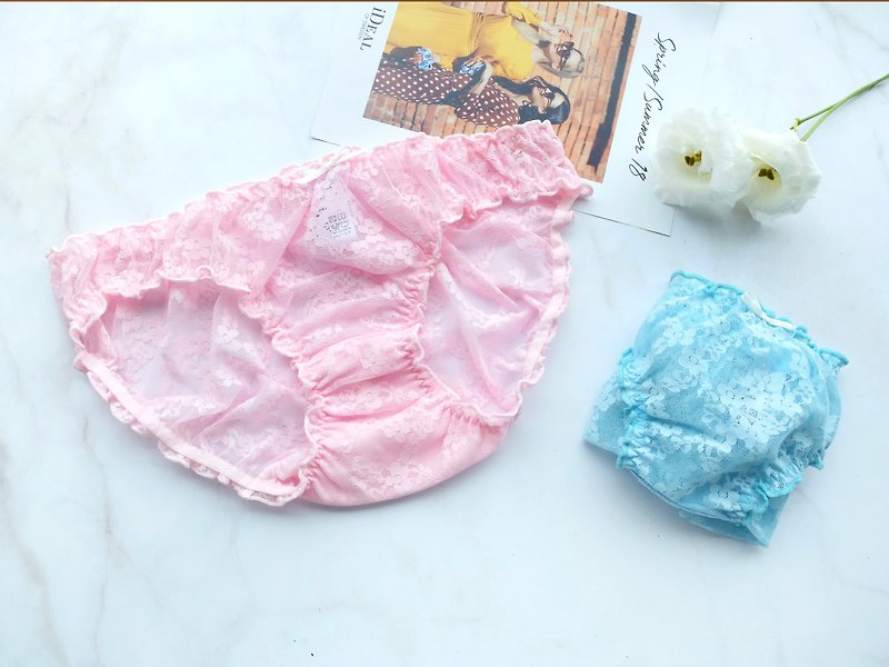[Handmade] Puffs, Lace, Low Waist Briefs, Made in Taiwan - ชุดชั้นในผู้หญิง - ไนลอน สึชมพู