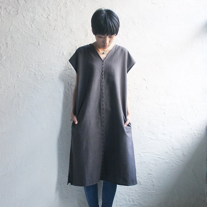 OMAKE / V-neck diamond stitch embroidery dress / Grey - One Piece Dresses - Cotton & Hemp Gray