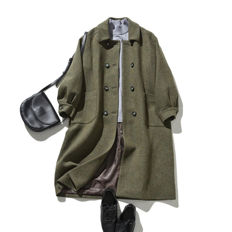 A wool coat with an intelligent and mature look. Long coat, double button coat, olive green 231208-4 - Women's Blazers & Trench Coats - Wool 