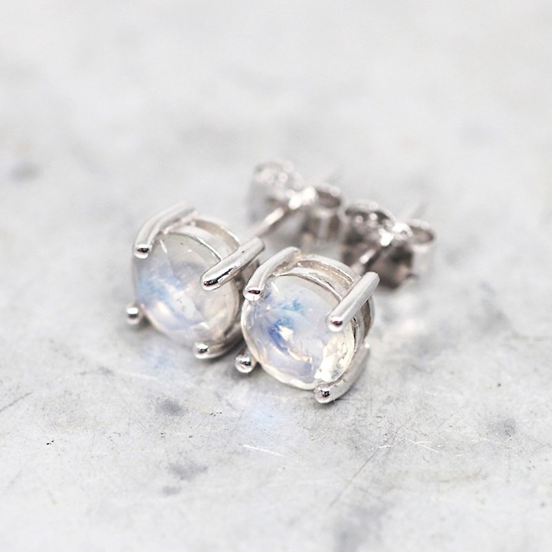 Rainbow Moonstone Stud Earrings, Sterling Silver Rhodium Plated, 6mm Round - Earrings & Clip-ons - Other Metals Multicolor