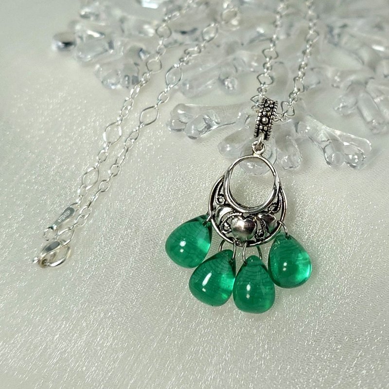 墜子 水滴狀 祖母綠色 石英石 925銀 項鍊 銀飾 手工 飾品 首飾 - 項鍊 - 半寶石 綠色