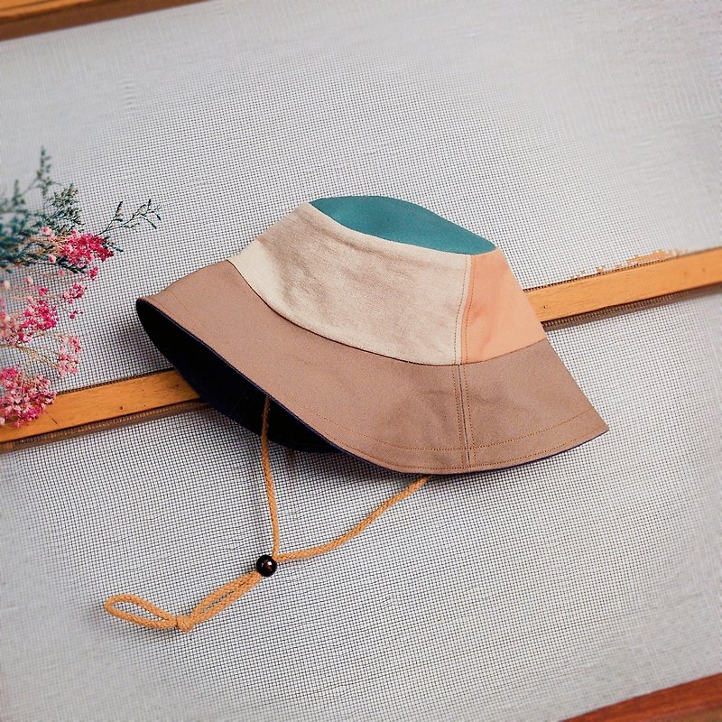 小牛村 手工帽子 遮陽帽 漁夫帽 露營風 拼接【奶茶色系】 - 帽子 - 棉．麻 卡其色