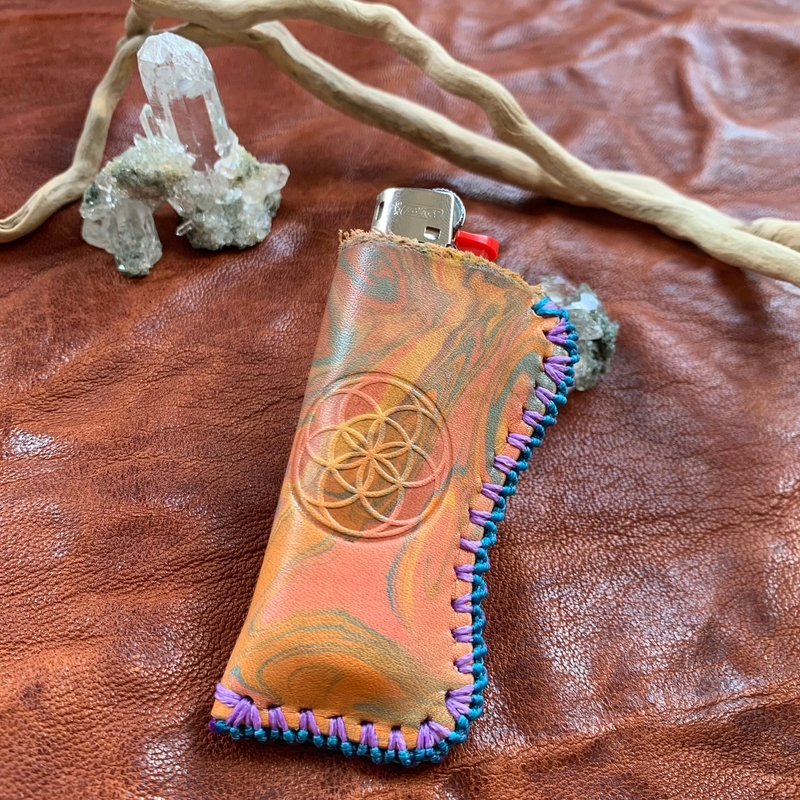 -Seed of life- Marbled leather Bic lighter cover - อื่นๆ - หนังแท้ สีม่วง