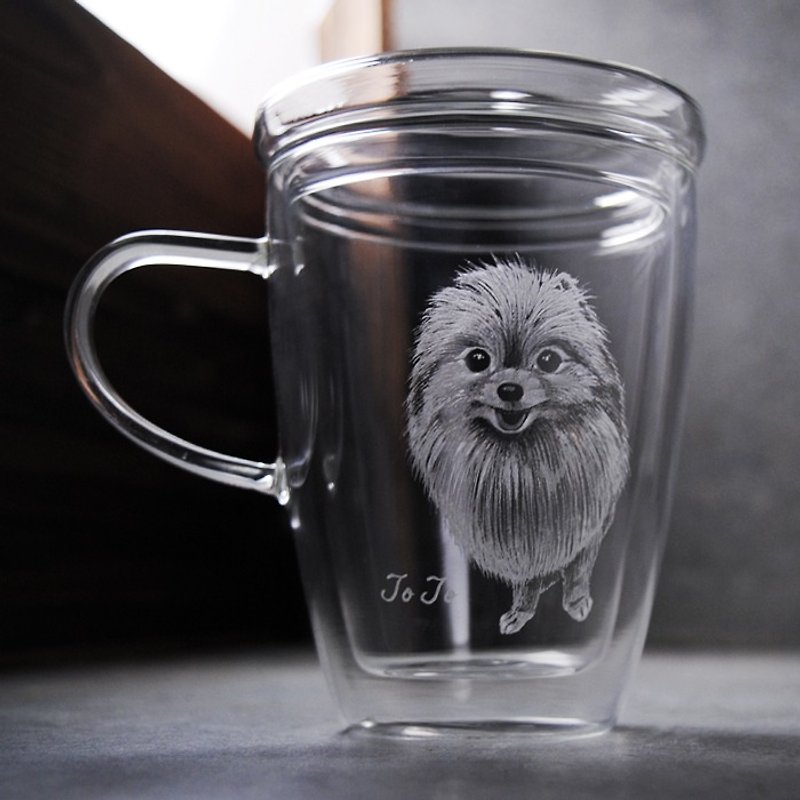 300cc【博美犬寵物雕刻】(寫實版) Pomeranian Cup 耐熱雙層杯(含杯蓋) 玻璃馬克杯客製化 肖像 - 似顏繪/客製畫像 - 玻璃 黑色